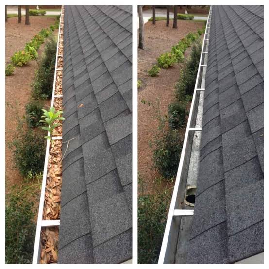 Gutter filled with leaves before and clean gutter after service